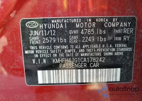 2012 Hyundai Azera Gls из США, поврежденный, VIN KMHFH4JG1CA178242